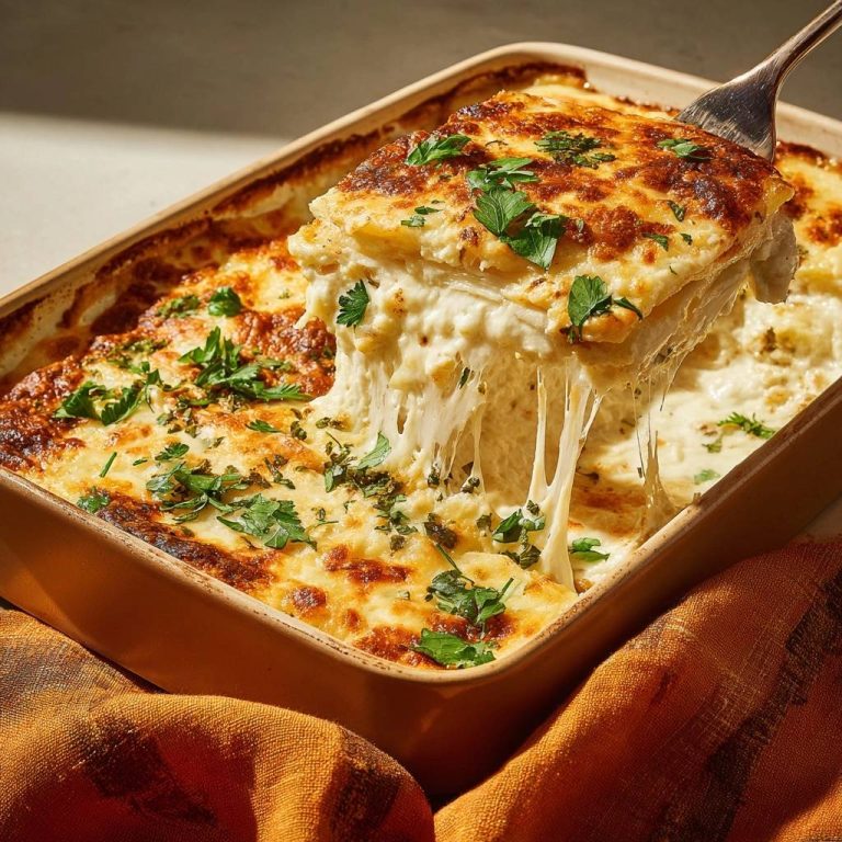 Cremige Käse-Lasagne in Nahaufnahme mit einem herausgeschnittenen Stück und köstlichen, geschmolzenen Käsefäden. Der Auflauf ist frisch gebacken und perfekt.