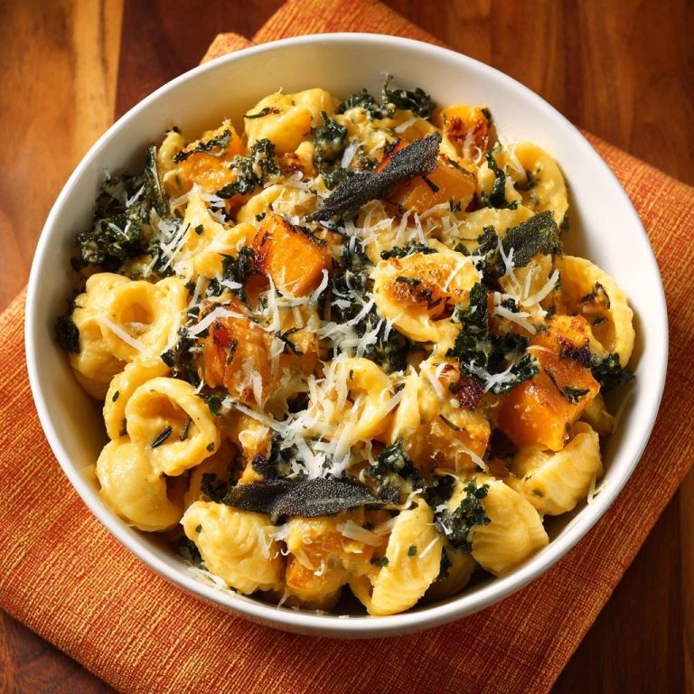 Cremige Kürbis-Orecchiette mit Grünkohl, serviert in einer weißen Schüssel von oben, mit Parmesan und knusprigem Salbei garniert.