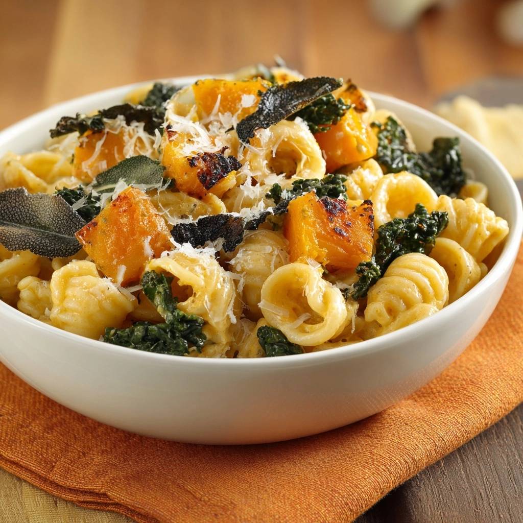 Cremige Kuerbis Orecchiette Mit Gruenkohl Serviert 1 Cremige Kürbis-Orecchiette mit Grünkohl, serviert in einer weißen Schüssel, garniert mit knusprigem Salbei und geriebenem Käse.