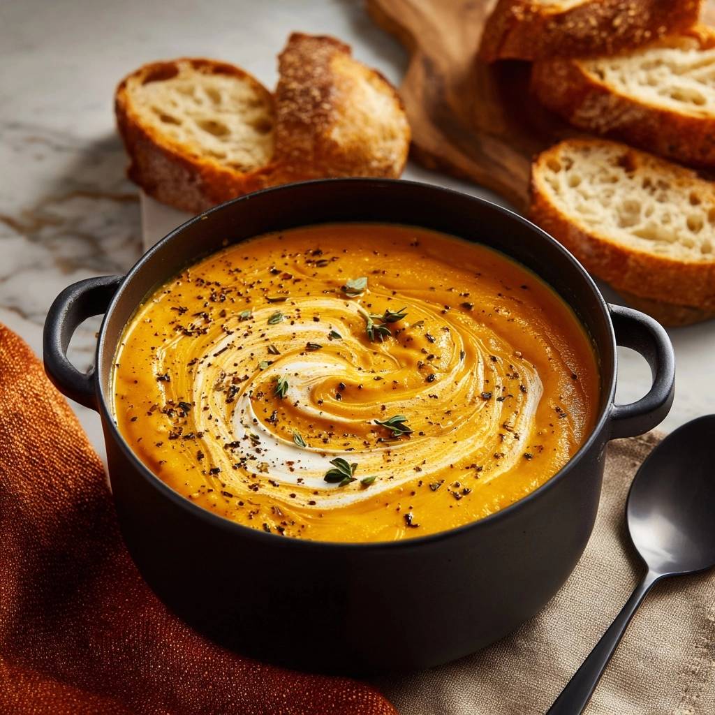 Cremige Kuerbissuppe Draufsicht Mit Sahne 1 Cremige Kürbissuppe in einer schwarzen Schüssel, serviert mit einem dekorativen Sahnewirbel, Gewürzen und Brot.