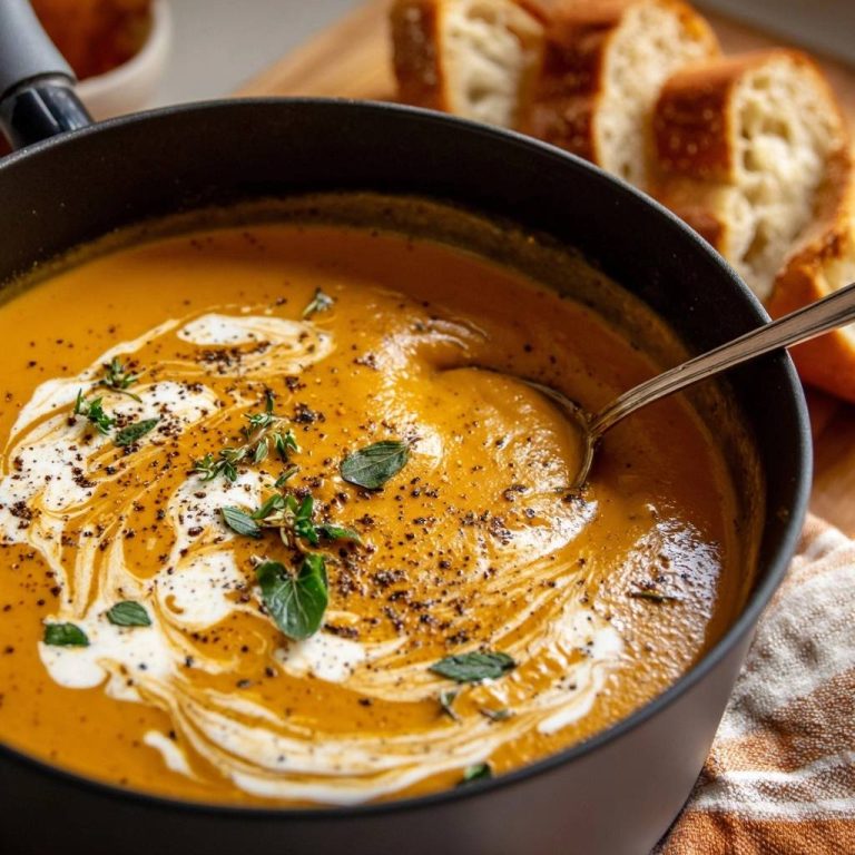 Cremige Kürbissuppe, garniert mit einem Schuss Sahne, Kräutern und frisch gemahlenem Pfeffer, in einer schwarzen Pfanne serviert.