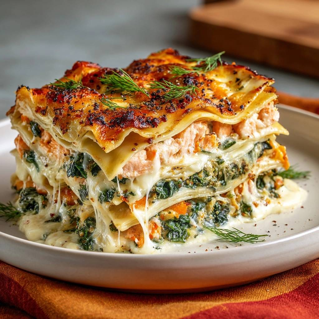 Cremige Lachs Spinat Lasagne Querschnitt 1 Cremige Lachs-Spinat-Lasagne in Nahaufnahme mit einem köstlichen Querschnitt, der die saftigen Schichten aus Lachs, Spinat und Käse zeigt.