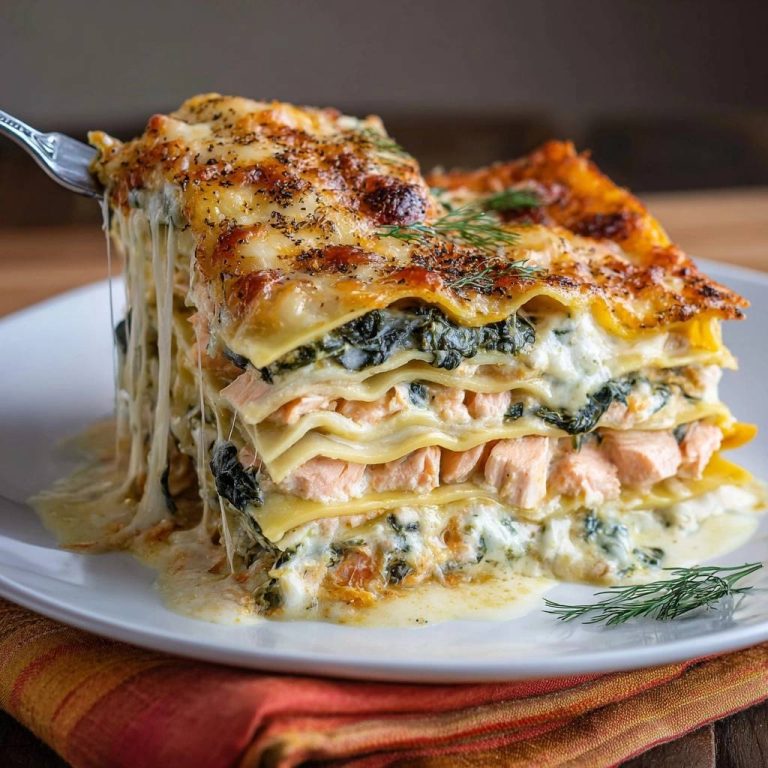 Cremige Lachs-Spinat-Lasagne zeigt einen köstlichen Querschnitt mit geschmolzenem Käse und saftigem Lachs. Die cremige Sauce fließt verführerisch über die einzelnen Schichten.