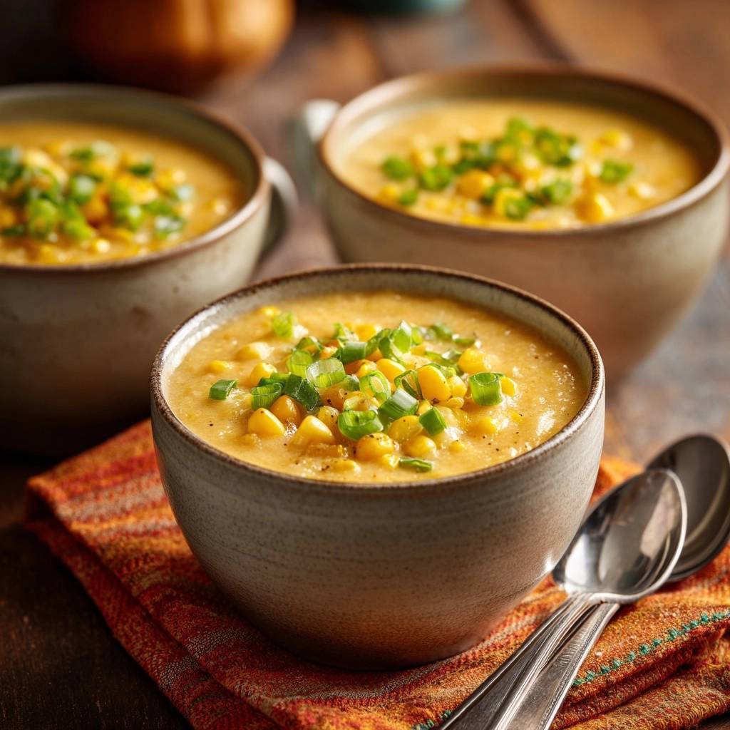 Cremige Maissuppe Serviert 1 Cremige Maissuppe serviert in rustikalen Schalen, garniert mit frischen Frühlingszwiebeln. Diese cremige Suppe ist perfekt für kalte Tage.
