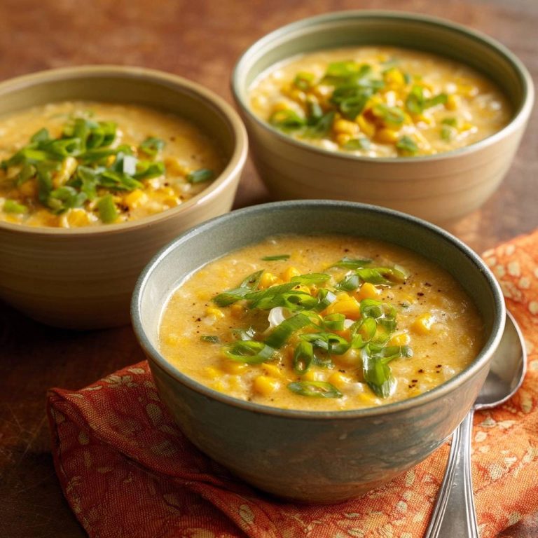 Cremige Maissuppe serviert in drei Schalen, garniert mit frischen, grünen Zwiebeln, bereit zum Genießen.
