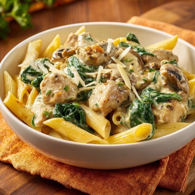 Cremige Penne mit Hähnchen, Spinat & Pilzen serviert in einer weißen Schüssel. Das cremige Gericht ist mit frisch geriebenem Käse garniert.