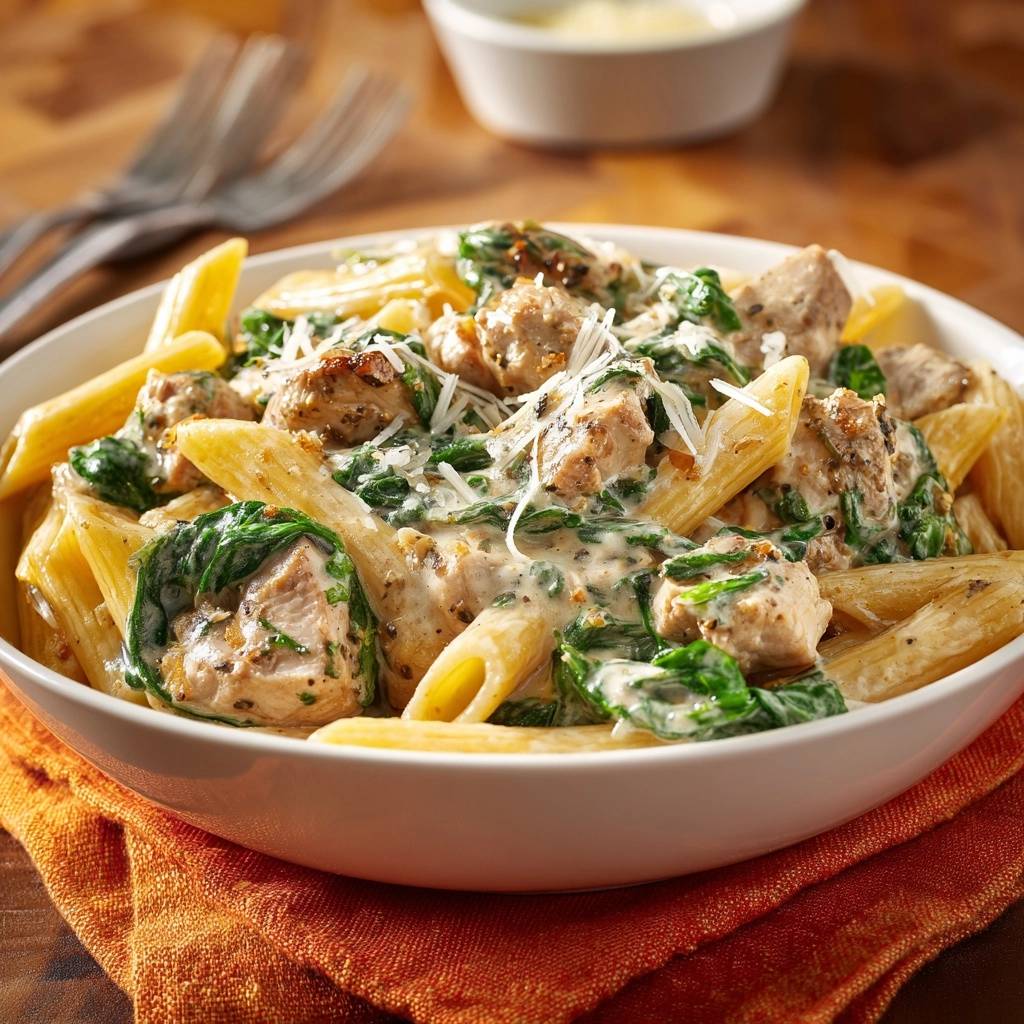 Cremige Penne Mit Hahnchen Spinat Und Pilzen Serviert 1 Cremige Penne mit Hähnchen, Spinat & Pilzen serviert in einer weißen Schüssel, garniert mit frisch geriebenem Käse und serviert.