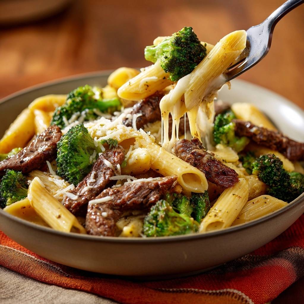 Cremige Penne Rindfleisch Brokkoli Kaese Faden Nahaufnahme 1 Cremige Penne mit Rindfleisch und Brokkoli in Nahaufnahme mit geschmolzenem Käse, der sich von der Gabel zieht, und frischem Gemüse.