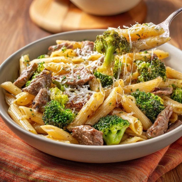Cremige Penne mit Rindfleisch und Brokkoli in Nahaufnahme mit einer Gabel, die Brokkoli und Käse aus dem Gericht hebt.