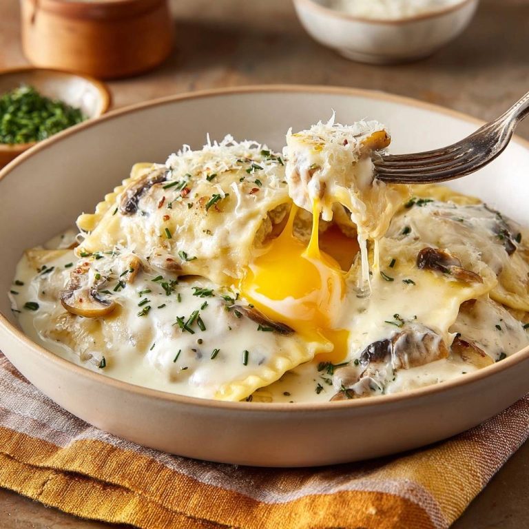 Cremige Pilz-Ravioli mit pochiertem Ei in Nahaufnahme, wobei das perfekt pochierte Ei zerbricht und das Eigelb fließt.