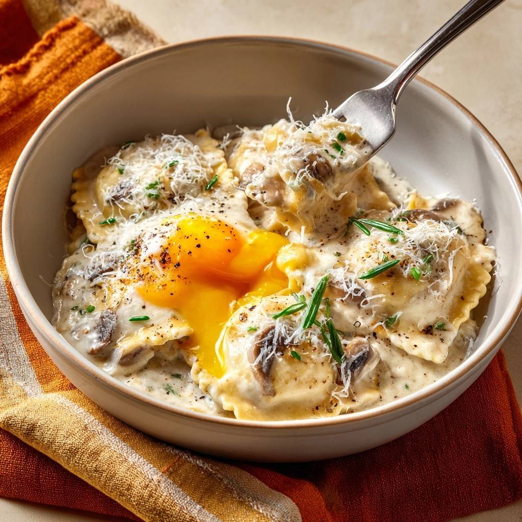 Cremige Pilz Ravioli Mit Pochiertem Ei Nahaufnahme 1 Cremige Pilz-Ravioli mit pochiertem Ei in Nahaufnahme, garniert mit frischen Kräutern und geriebenem Käse, mit einem perfekt flüssigen Eigelb.
