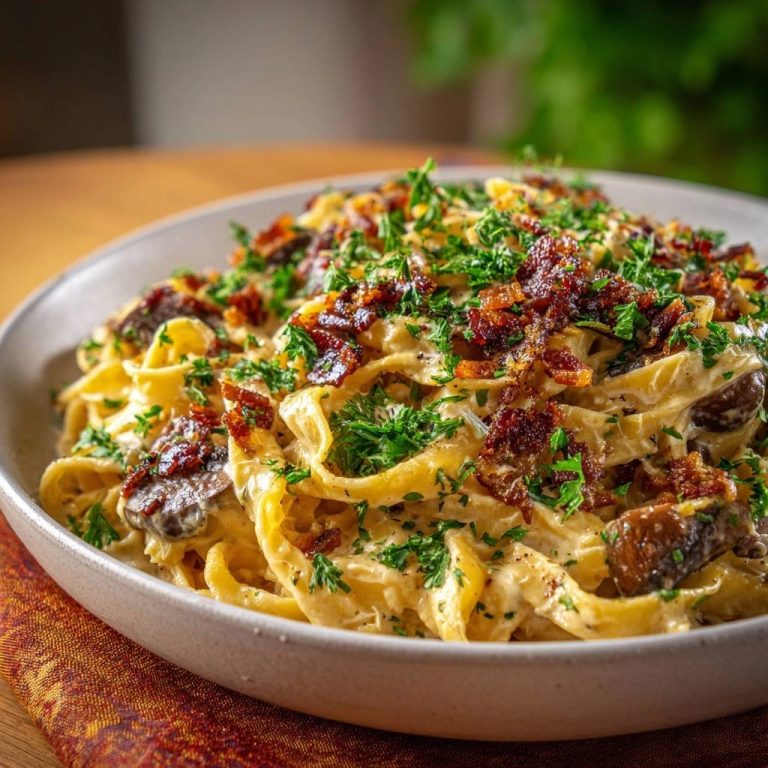 Cremige Pilz-Tagliatelle mit knusprigem Speck in einer Schüssel, garniert mit frischer Petersilie und knusprigem Speck, serviert.