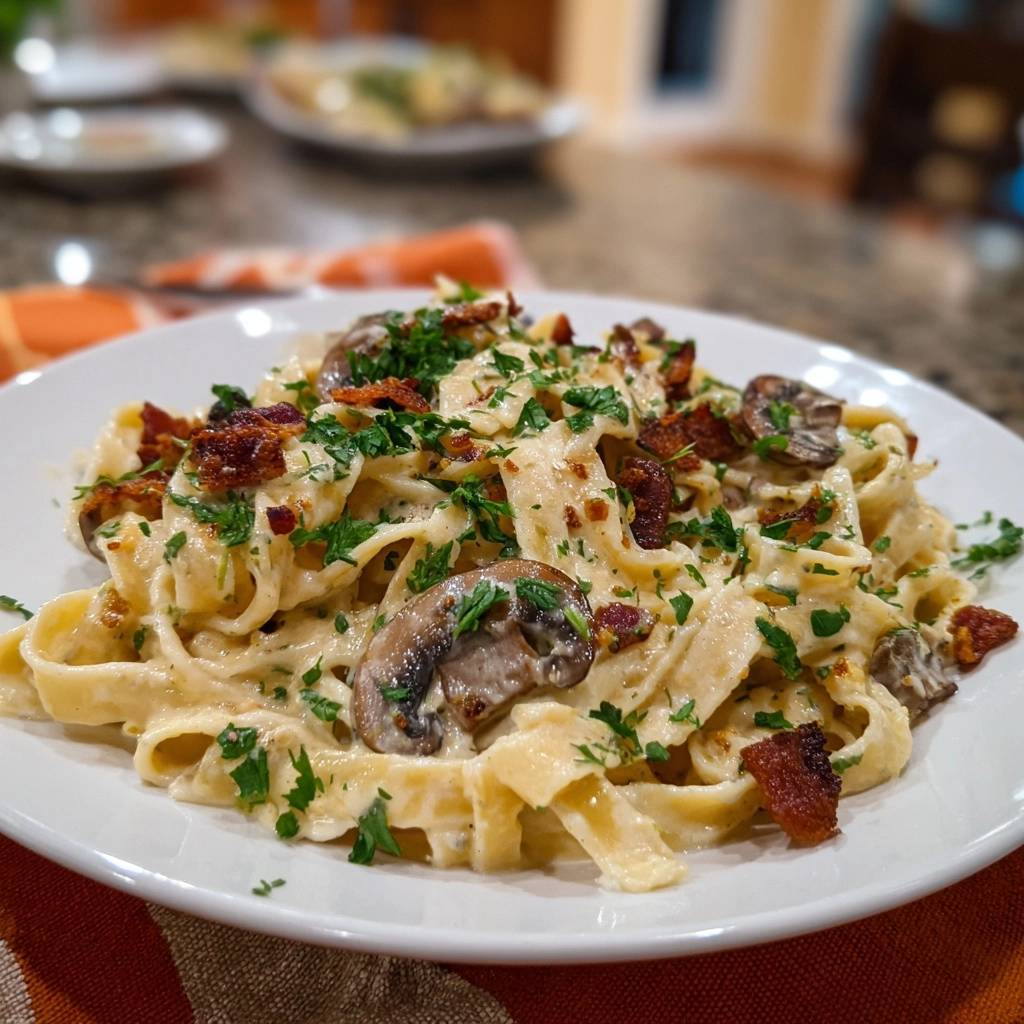 Cremige Pilz Tagliatelle Mit Knusprigem Speck Serviert 1 Cremige Pilz-Tagliatelle mit knusprigem Speck, serviert auf einem weißen Teller, garniert mit frischer Petersilie und knusprigem Speck.