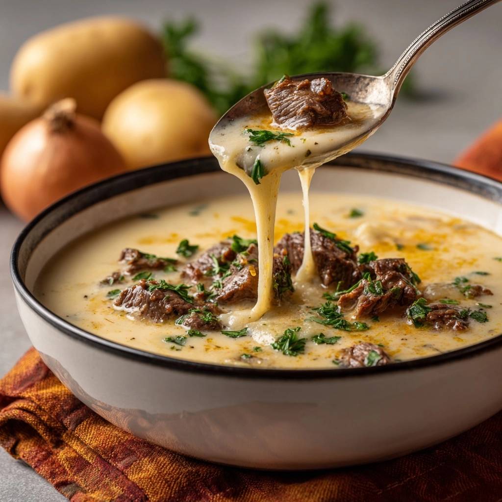 Cremige Rindfleisch Gnocchi Suppe Lffel Nahaufnahme 1 Cremige Rindfleisch-Gnocchi-Suppe in Nahaufnahme, wobei der Löffel die cremige Textur und die zarten Fleischstücke zeigt.
