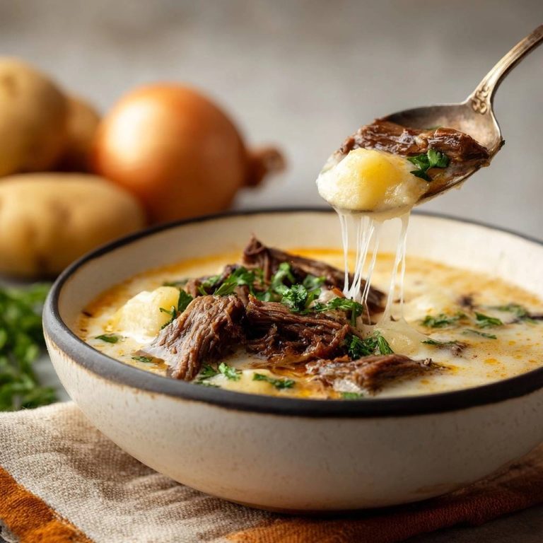 Cremige Rindfleisch-Gnocchi-Suppe in Nahaufnahme, wobei der Löffel die Käse-Fäden und Gnocchi zeigt, die aus der Schüssel gehoben werden.