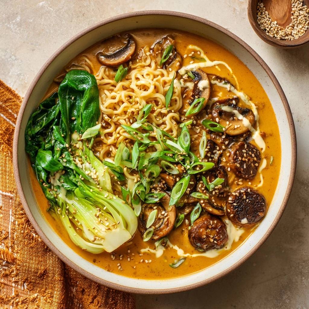Cremige Shiitake Bok Choy Ramen Draufsicht 1 Cremige Shiitake-Bok-Choy-Ramen in einer Schüssel, serviert mit frischem Bok Choy, Nudeln und Pilzen, draufsicht.