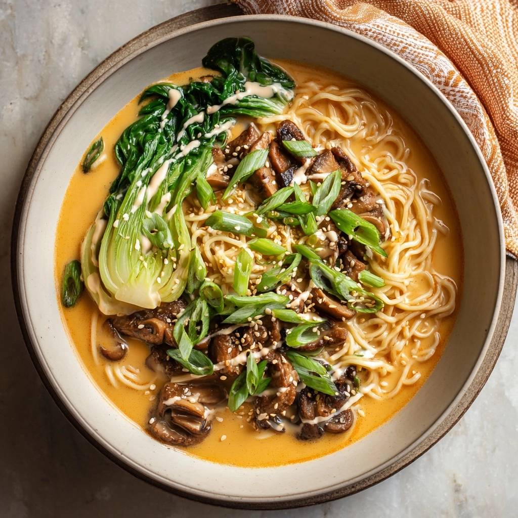 Cremige Shiitake-Bok-Choy-Ramen, serviert in einer Schüssel mit frischem Gemüse, Pilzen und Nudeln, aus der Vogelperspektive gesehen.
