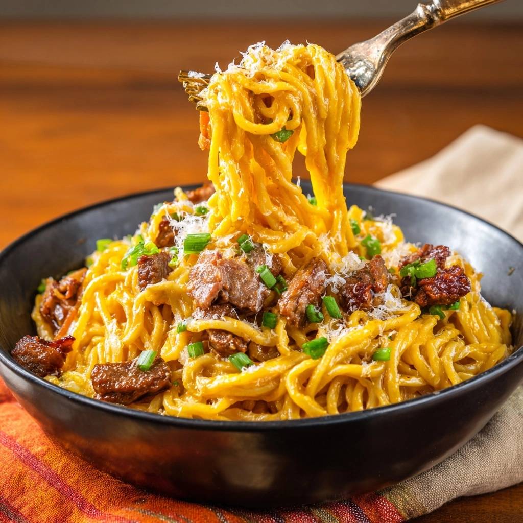 Cremige Speck Linguine Mit Fruehlingszwiebeln Auf Gabel 1 Cremige Speck-Linguine mit Frühlingszwiebeln, serviert in einer Schüssel, werden von einer Gabel gehoben, um die Textur zu zeigen.