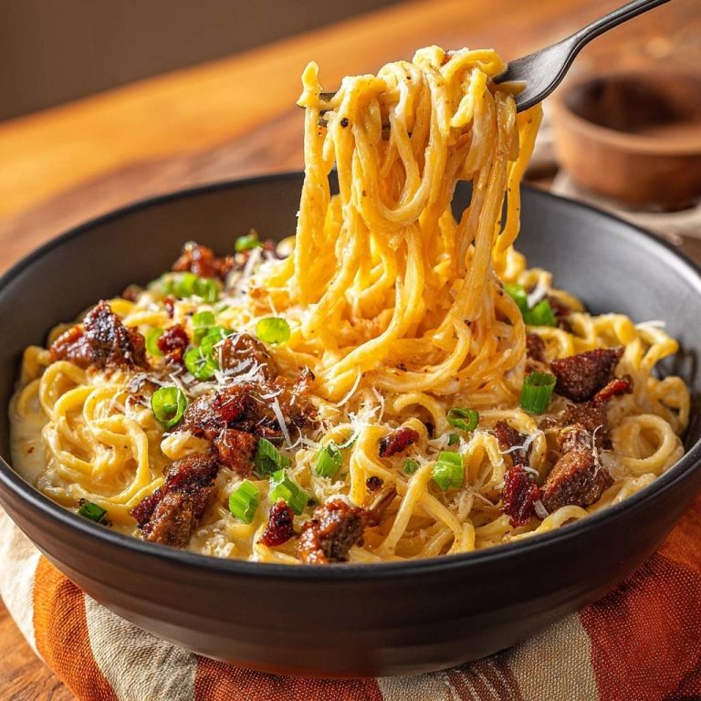 Cremige Speck-Linguine mit Frühlingszwiebeln, die auf einer Gabel aufgewickelt sind, werden in einer schwarzen Schüssel serviert und mit grünem Zwiebel belegt.
