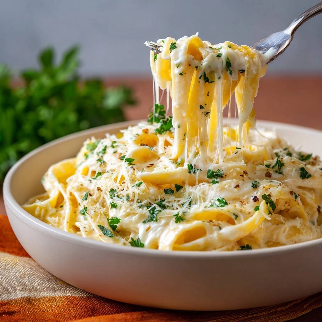 Cremige Tagliatelle Mit Parmesan Auf Gabel 1 Cremige Tagliatelle mit Parmesan und Petersilie, die auf einer Gabel aufgewickelt sind und geschmolzene Käsefäden zeigen.