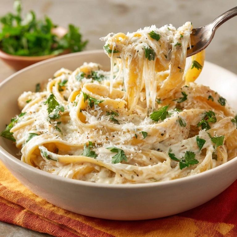 Cremige Tagliatelle mit Parmesan und Petersilie werden von einer Gabel gehoben, wobei der geschmolzene Käse hervorragend zur Geltung kommt.