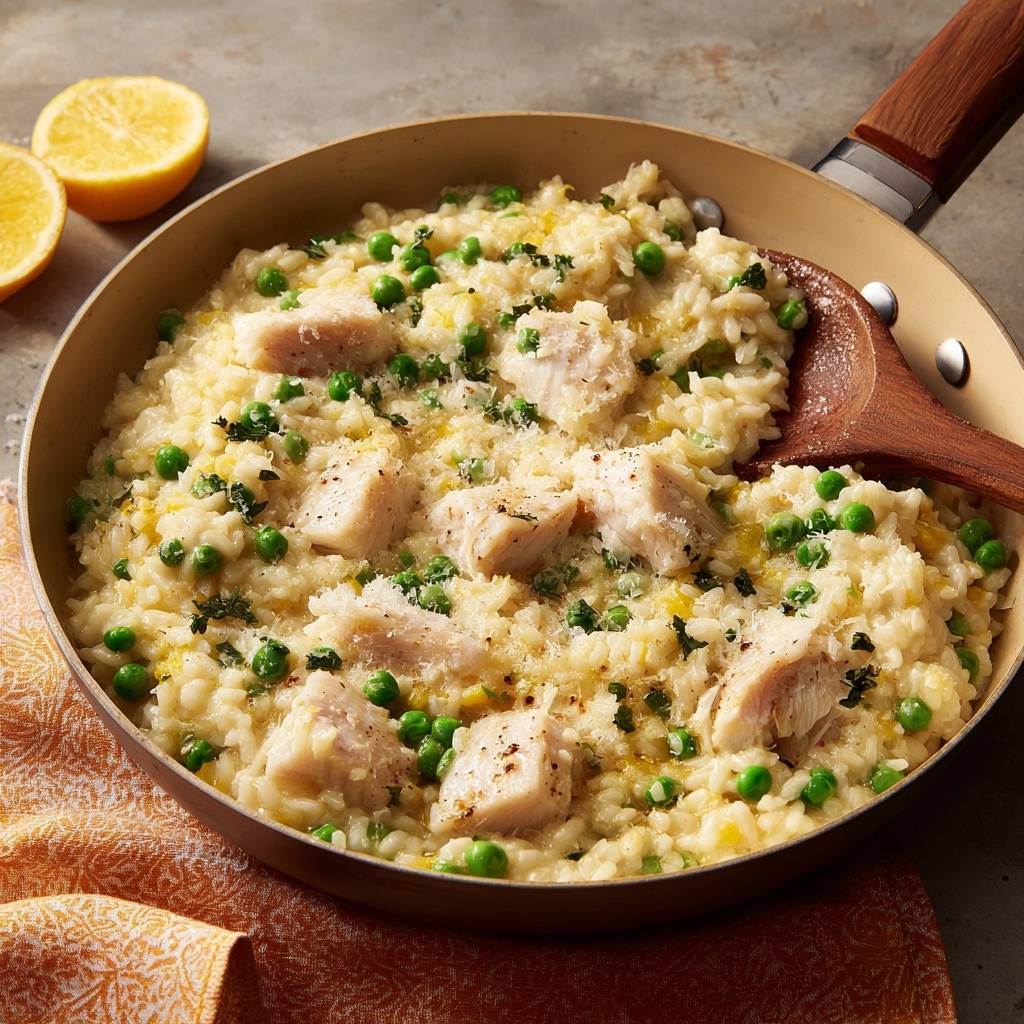 Cremigem Erbsen Fisch Risotto Draufsicht Serviert 1 Cremiges Erbsen-Fisch-Risotto, serviert in der Pfanne, mit Erbsen, Fischstücken und Zitronenspalten für eine frische Note.