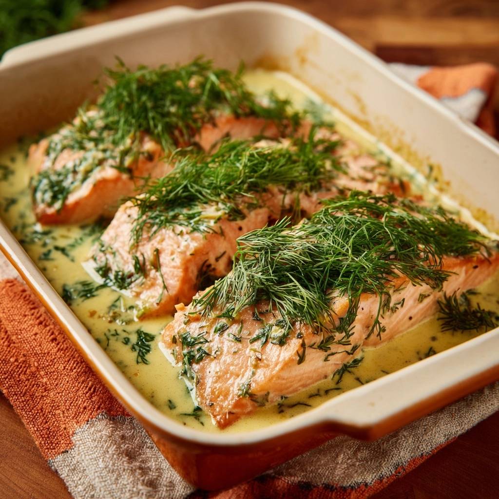 Cremiger Dill Lachs Aus Dem Ofen Draufsicht 1 Cremiger Dill-Lachs aus dem Ofen in einer Auflaufform, mit frischem Dill garniert, serviert und sofort essfertig.