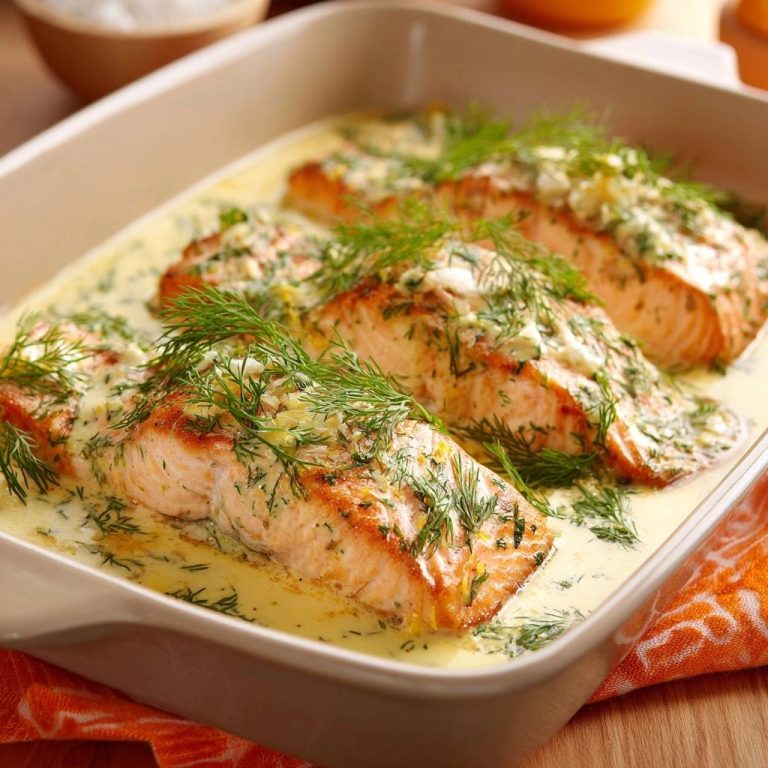 Cremiger Dill-Lachs aus dem Ofen in einer Auflaufform, garniert mit frischem Dill, serviert und fertig zum Genießen.