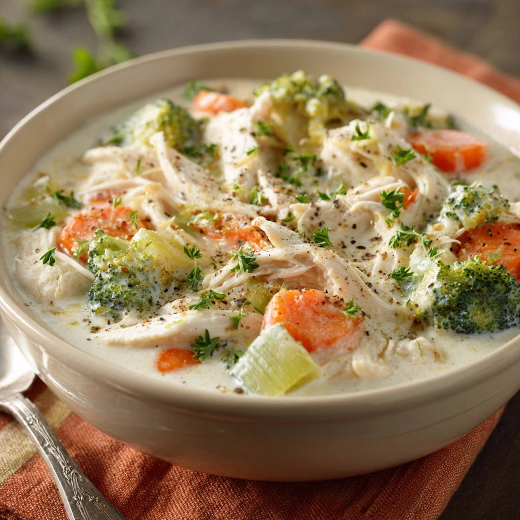 Cremiger Hahnchen Gemuse Eintopf Nahaufnahme 1 Cremiger Hähnchen-Gemüse-Eintopf in Nahaufnahme, serviert in einer cremigen Soße mit Hähnchen, Karotten und Broccoli, angerichtet mit frischer Petersilie.