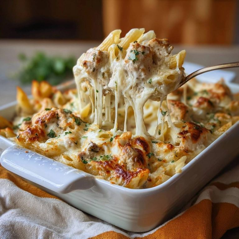 Cremiger Hähnchen-Penne-Auflauf mit geschmolzenem Käse, der sich beim Abheben vom Löffel zieht. Ein köstliches Auflaufgericht.