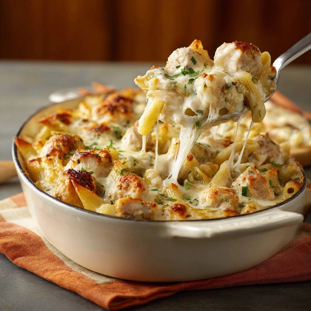 Cremiger Hhnchen Penne Auflauf Auf Dem Lffel 1 Cremiger Hähnchen-Penne-Auflauf, der auf einem Löffel serviert wird, mit geschmolzenem Käse, der sich zieht und die cremige Textur zeigt.