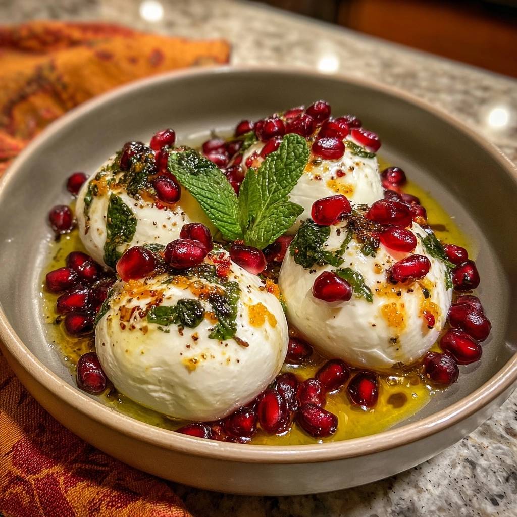 Cremiger Labneh Granatapfel Minze Serviert 1 Cremiger Labneh mit Granatapfel & Minze, serviert in einer Schüssel mit frischen Granatapfelkernen und einem Minzblatt als Garnierung.