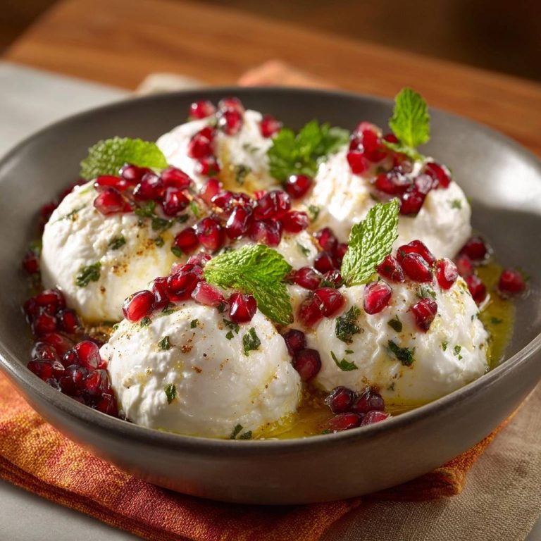 Cremiger Labneh mit Granatapfel & Minze, serviert in einer dunklen Schüssel, garniert mit frischer Minze und Granatapfelkernen.