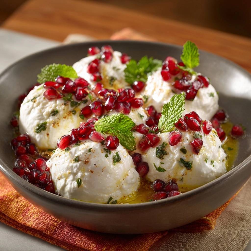 Cremiger Labneh mit Granatapfel & Minze, serviert in einer dunklen Schüssel, garniert mit frischer Minze und Granatapfelkernen.