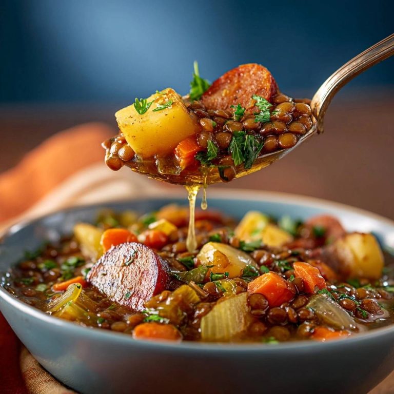 Cremiger Linseneintopf mit Chorizo in Nahaufnahme: Ein Löffel voll dampfender Suppe, die in eine Schüssel tropft.