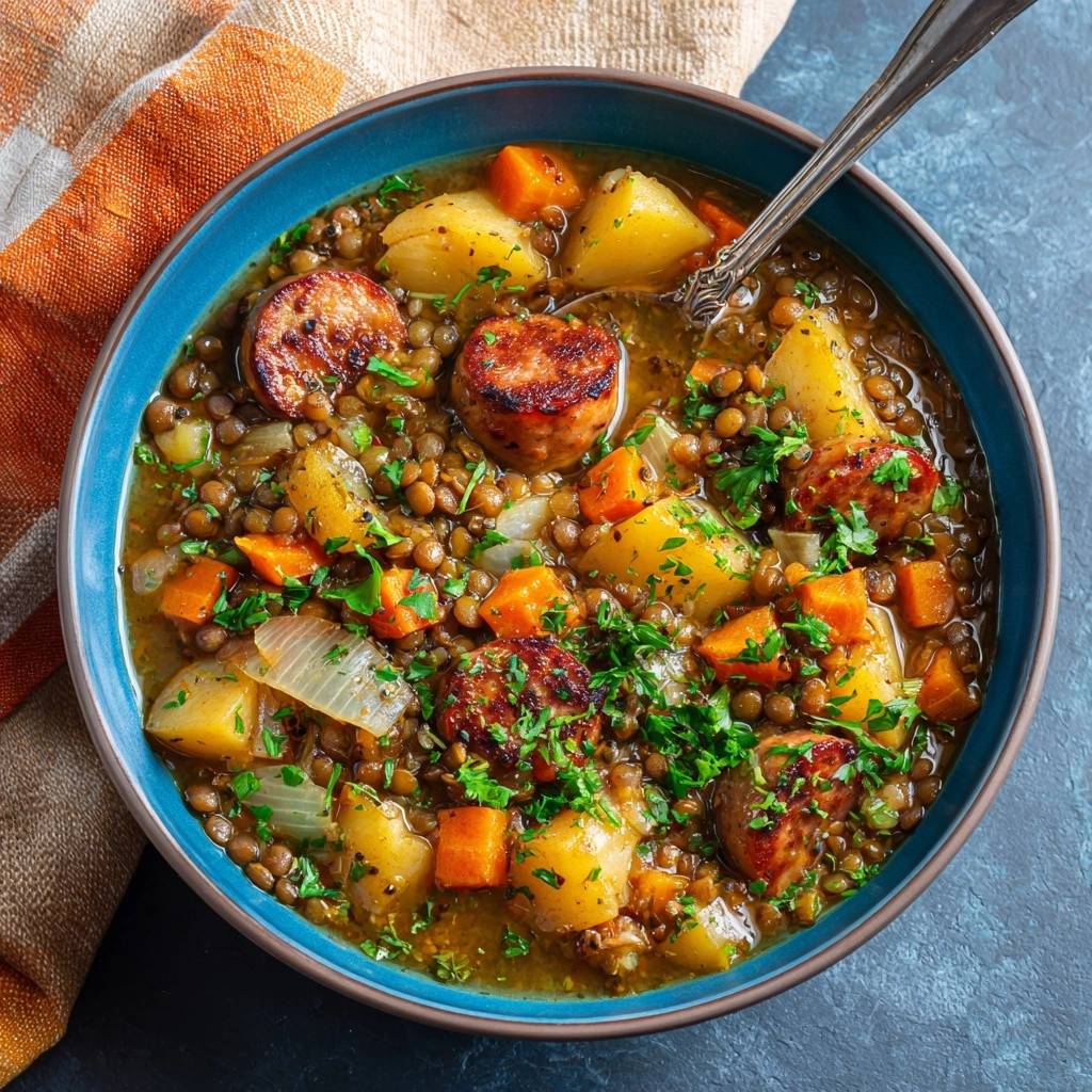 Cremiger Linseneintopf Mit Chorizo Von Oben 1 Cremiger Linseneintopf mit Chorizo, serviert in einer blauen Schüssel, mit Blick von oben auf die herzhafte Suppe. Dazu kommen Kartoffeln, Karotten und frische Kräuter.
