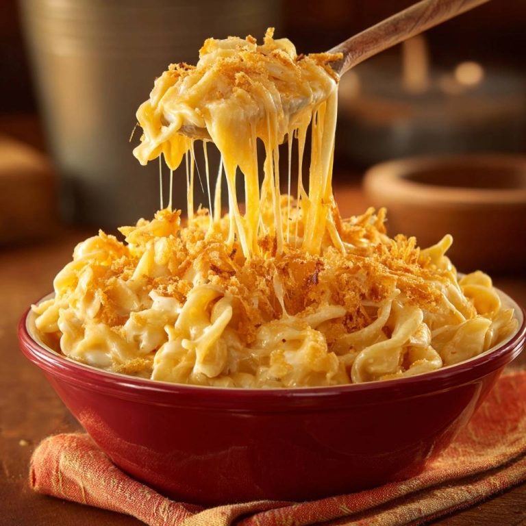 Cremiger Mac and Cheese mit knuspriger Kruste, die Käsefäden ziehen sich von einem Holzlöffel. Der cremige Käse ist ein Genuss.