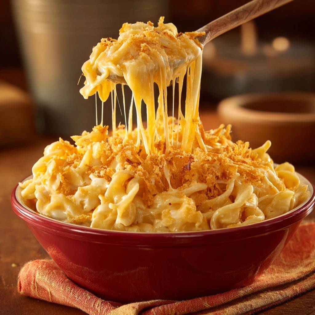 Cremiger Mac and Cheese mit knuspriger Kruste, die Käsefäden ziehen sich von einem Holzlöffel. Der cremige Käse ist ein Genuss.