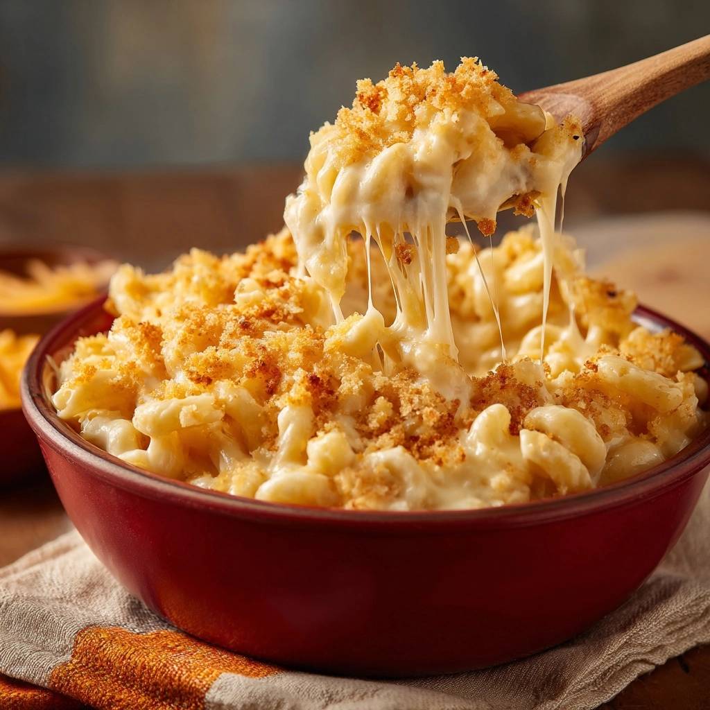 Cremiger Mac And Cheese Kaese Zieht Faden 1 Cremiger Mac and Cheese, mit goldbrauner Kruste, zeigt den perfekt geschmolzenen Käse, der appetitlich vom Löffel zieht.