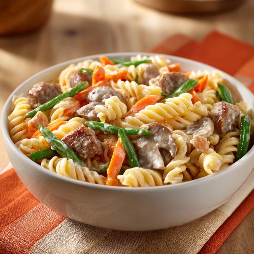 Cremiges Fusilli Mit Wurst Bohnen Karotten Nahaufnahme 1 Cremiges Fusilli mit Wurst, Bohnen & Karotten in einer Nahaufnahme, die die cremige Sauce und frische Zutaten zeigt.