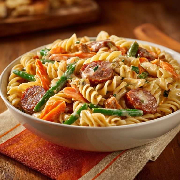Cremiges Fusilli mit Wurst, Bohnen & Karotten in einer Nahaufnahme, serviert in einer weißen Schüssel auf einem Holztisch. Die cremige Sauce umschließt die Zutaten.