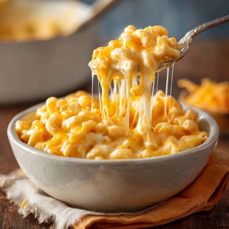 Cremiges Mac and Cheese mit geschmolzenem Käse, der sich auf einer Gabel zieht, serviert in einer Schüssel auf einem Holztisch.