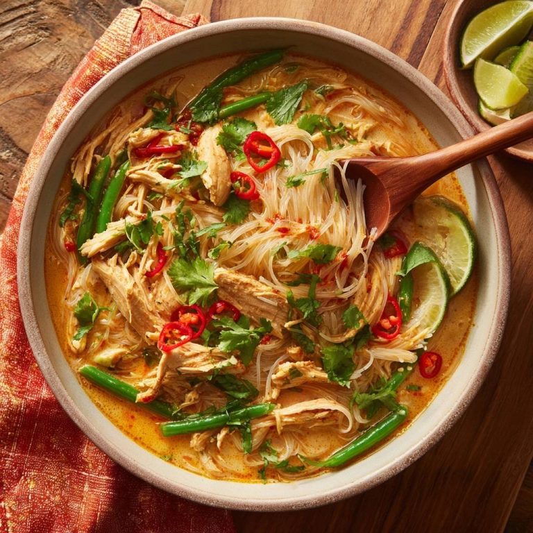Cremiges Thai-Hähnchen-Curry mit Reisnudeln in einer Schüssel von oben gesehen, mit frischen Zutaten und einer Holzkelle.