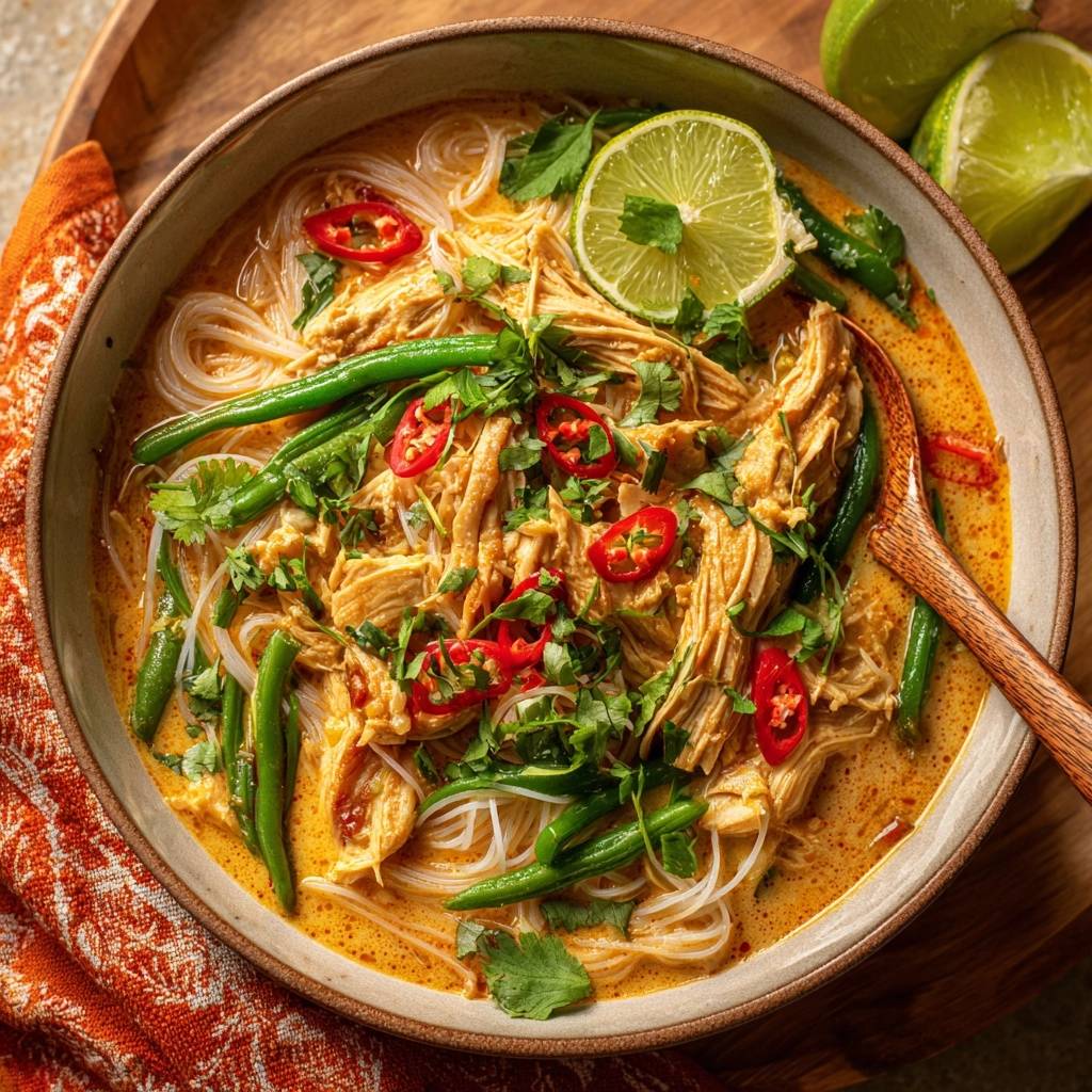 Cremiges Thai Huhn Curry Draufsicht Serviert 1 Cremiges Thai-Hähnchen-Curry mit Reisnudeln in einer Schüssel serviert, garniert mit frischen Kräutern, Chili und Limette.