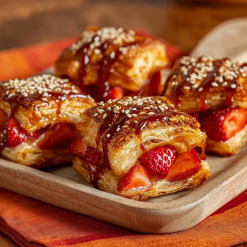 Erdbeer Baklava Querschnitt Nahaufnahme 1 Erdbeer-Baklava in Nahaufnahme, ein knuspriges Gebäck mit frischen Erdbeeren und einer leckeren Karamellglasur, serviert auf einem Holzbrett.