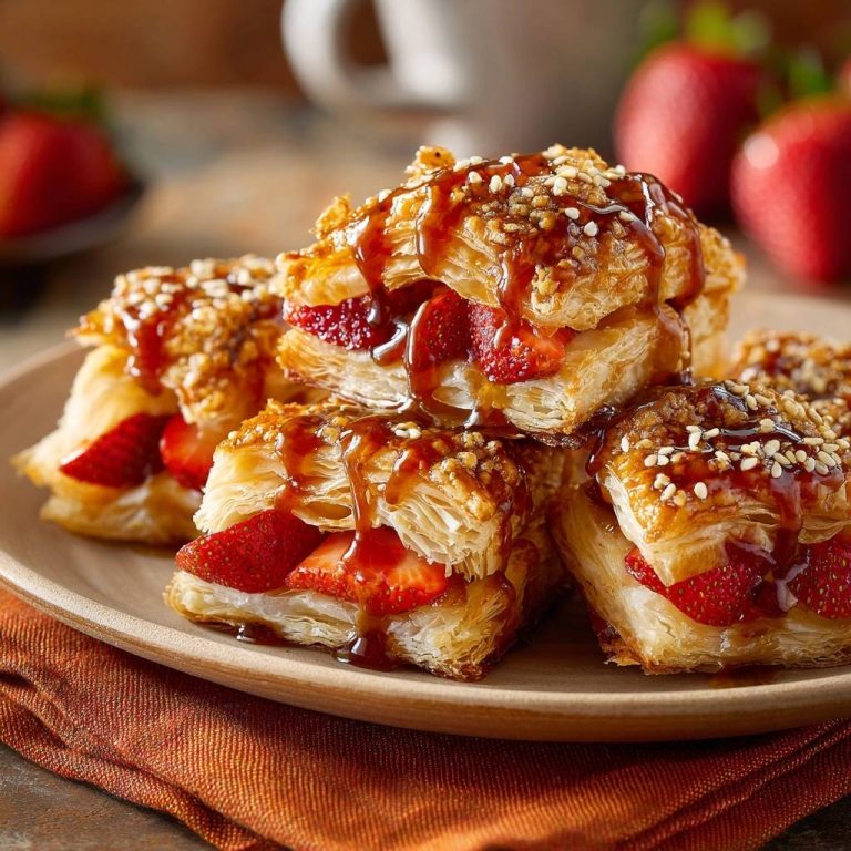 Erdbeer-Baklava in Nahaufnahme, geschnitten und mit Karamell beträufelt, zeigt die fruchtige Füllung mit frischen Erdbeeren.