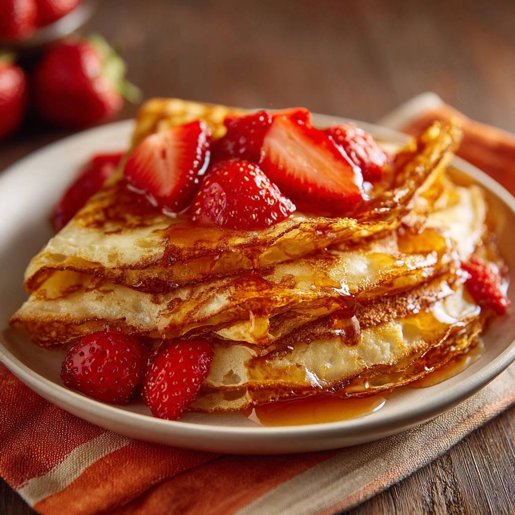 Erdbeer Crepes Mit Sirup Serviert 1 Erdbeer-Crêpes mit Sirup serviert auf einem Teller, mit frischen Erdbeeren und Ahornsirup beträufelt. Ein köstliches Frühstück, perfekt zubereitet.