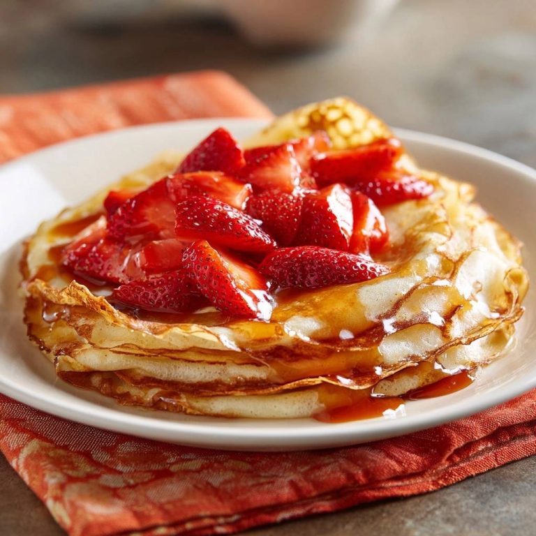 Erdbeer-Crêpes mit Sirup serviert auf einem weißen Teller, bedeckt mit frischen Erdbeeren und Sirup, bereit zum Genießen.