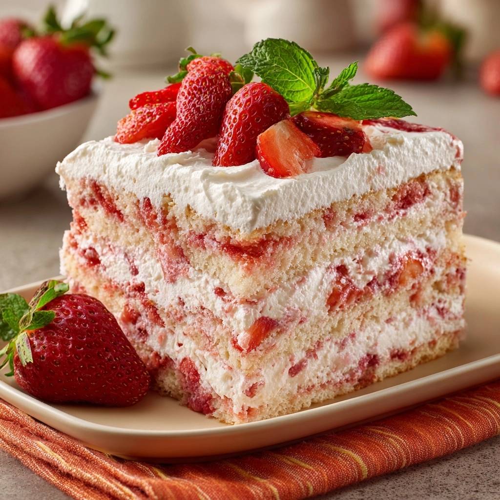 Erdbeer Sahne Schichttraum Querschnitt 1 Erdbeer-Sahne-Schichttraum zeigt einen appetitlichen Querschnitt, der die saftigen Erdbeeren und die cremige Sahne-Füllung offenbart.