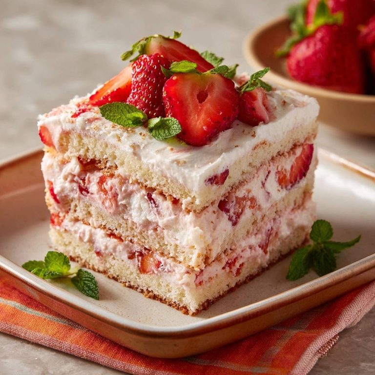 Erdbeer-Sahne-Schichttraum zeigt einen appetitlichen Querschnitt. Die cremige Füllung mit Erdbeeren ist zwischen den Biskuitböden sichtbar.